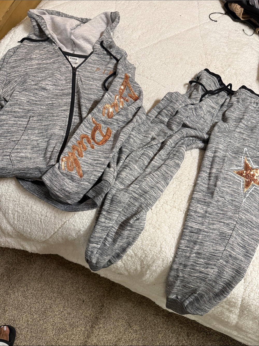 Pink Marled Hoodie & Jogger Set with Rose Gold Sequin Accents